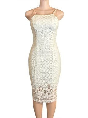 Hansen & Gretel Lace Bodycon Midi Dress Sz 2 White Eyelet Overlay Beach Wedding
